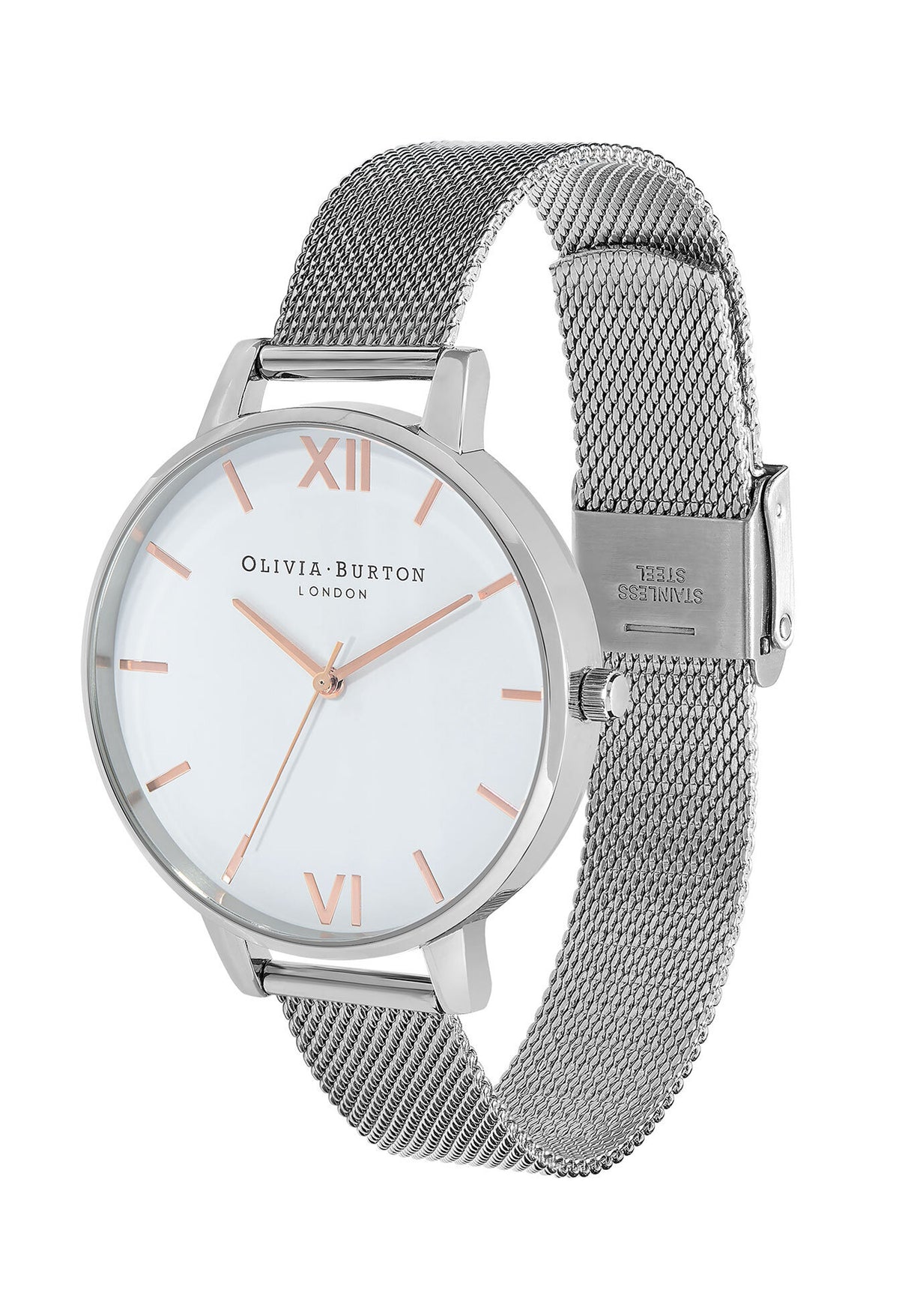 Olivia Burton watch featuring a white dial and stainless steel mesh strap, highlighting the watch's design.
