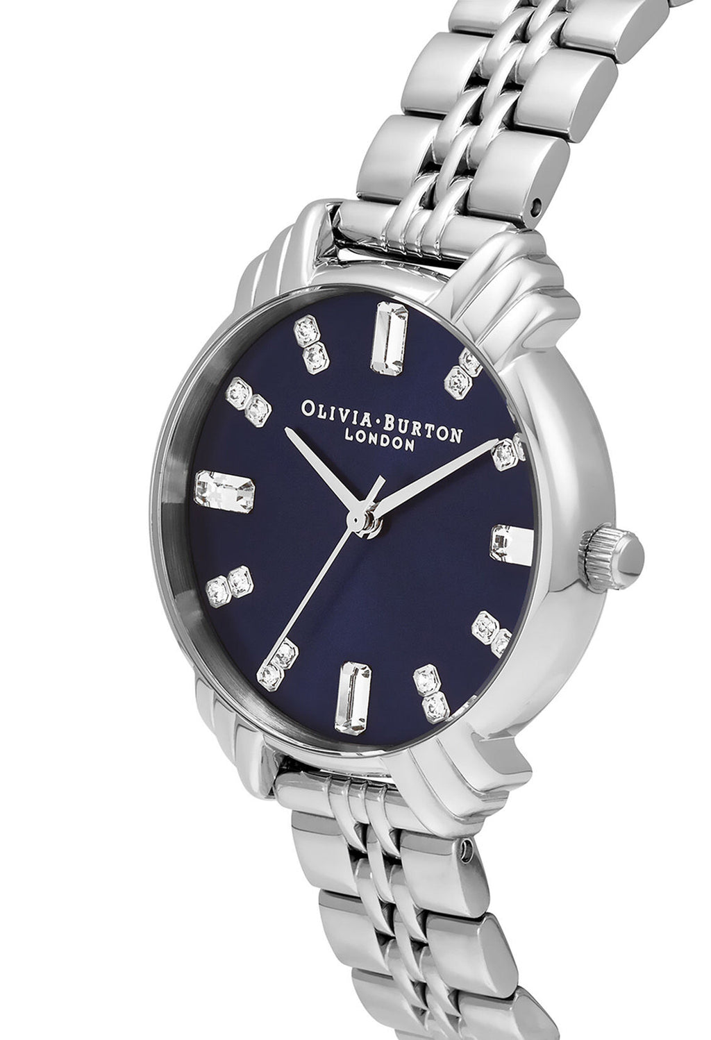 Olivia Burton stainless steel watch featuring a navy dial, art deco design and jewel hour markers.