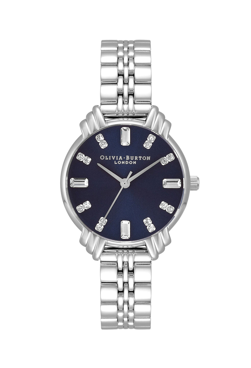 Olivia Burton watch showcasing its navy dial, art deco style details, and stainless steel bracelet.