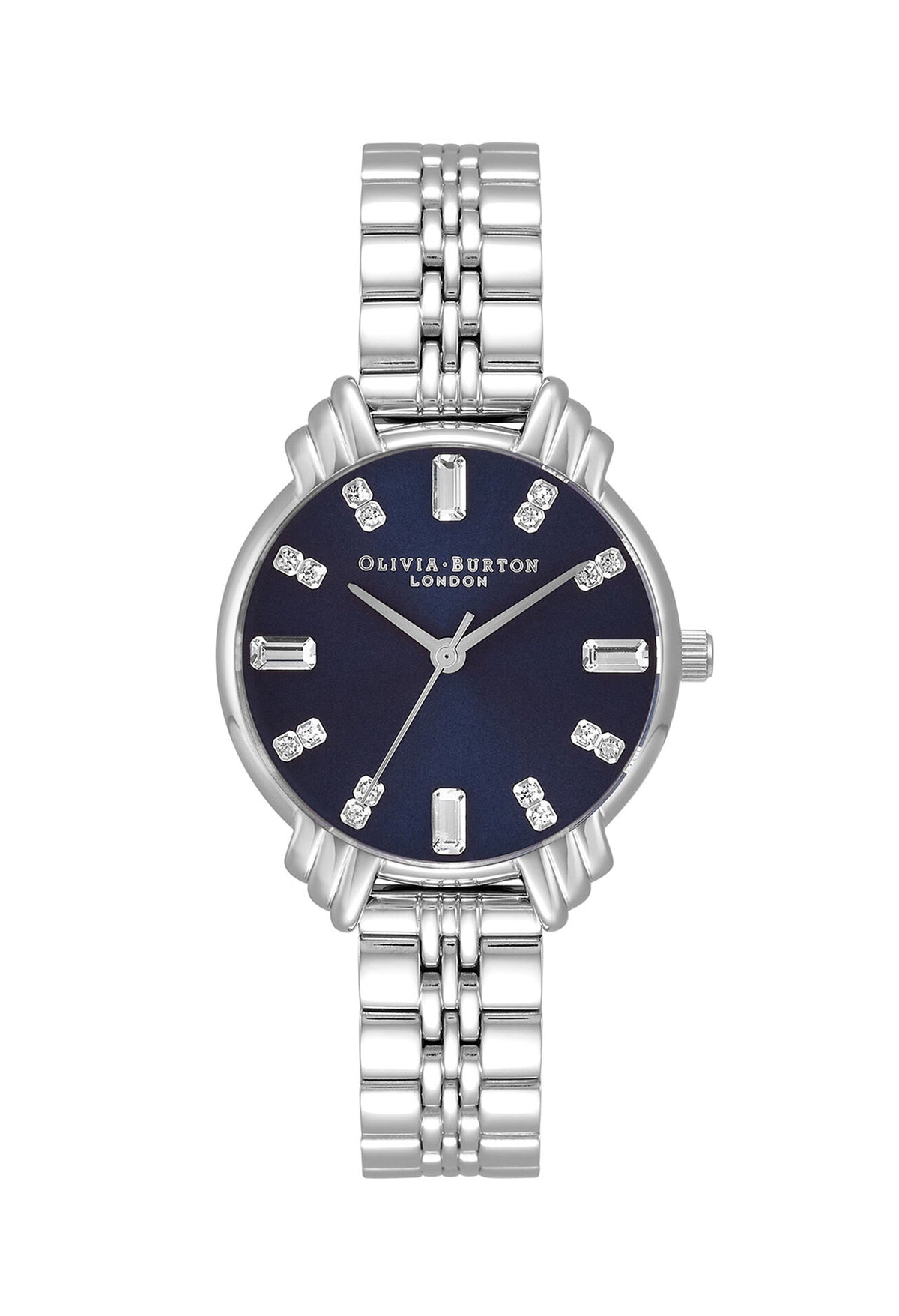 Olivia Burton watch showcasing its navy dial, art deco style details, and stainless steel bracelet.