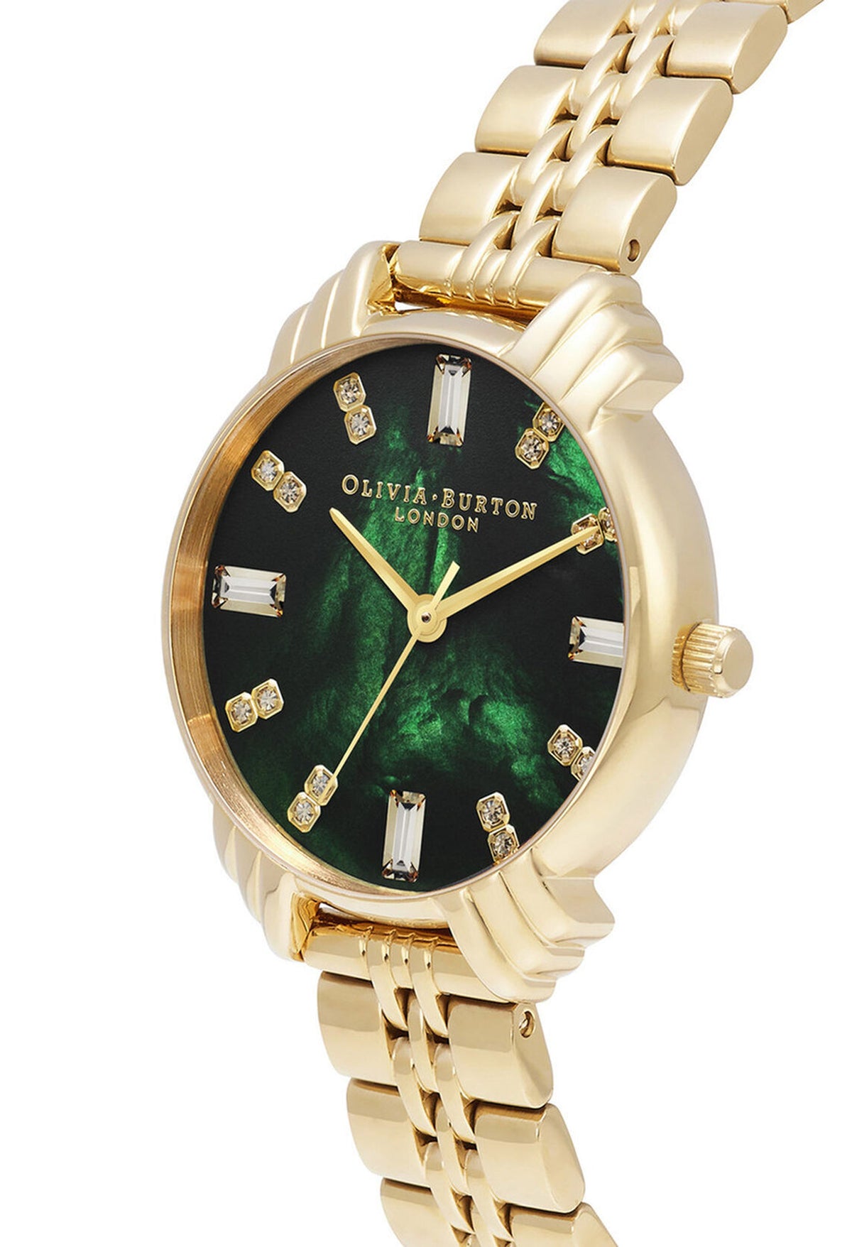 Close-up of the Olivia Burton Art Deco ladies' watch. Features a green marble dial, gold-plated finish, and decorative stone
