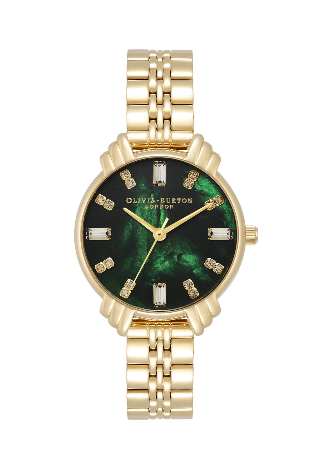 Olivia Burton gold-plated watch displaying the Art Deco green dial with crystal hour markers, showcasing its intricate