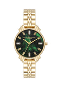 Olivia Burton gold-plated watch displaying the Art Deco green dial with crystal hour markers, showcasing its intricate
