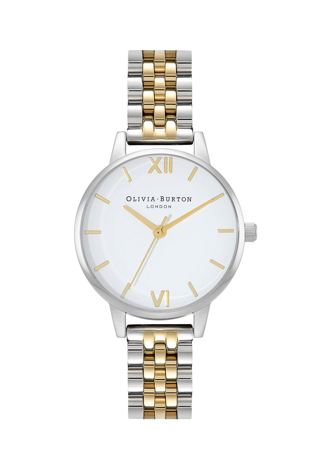 Olivia Burton watch close-up. Shows the dial, silver and gold bracelet, and branding detail.