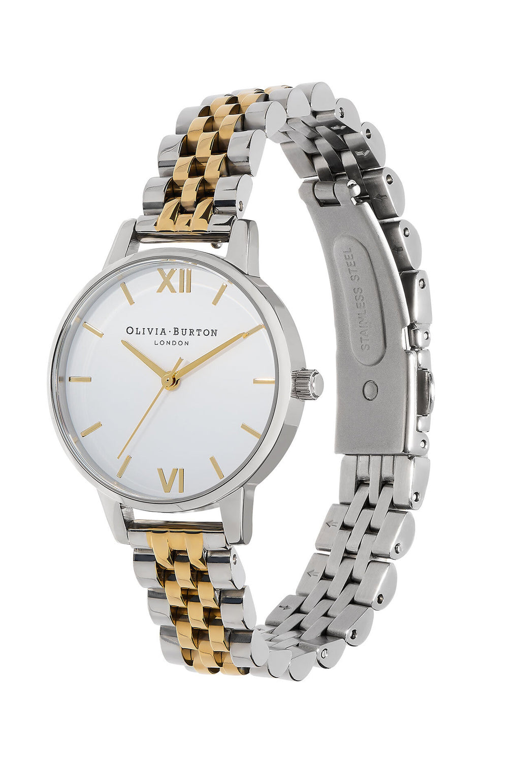 Olivia Burton watch showcasing a classic white dial with gold accents and a two-tone stainless steel bracelet.