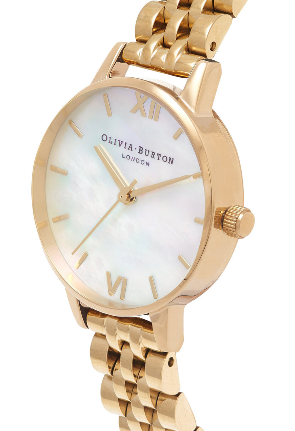 The Olivia Burton Ladies Mother of Pearl Bracelet Watch, gold plated metal, from Olivia Burton, at OD’s Jewellers in St Helens.