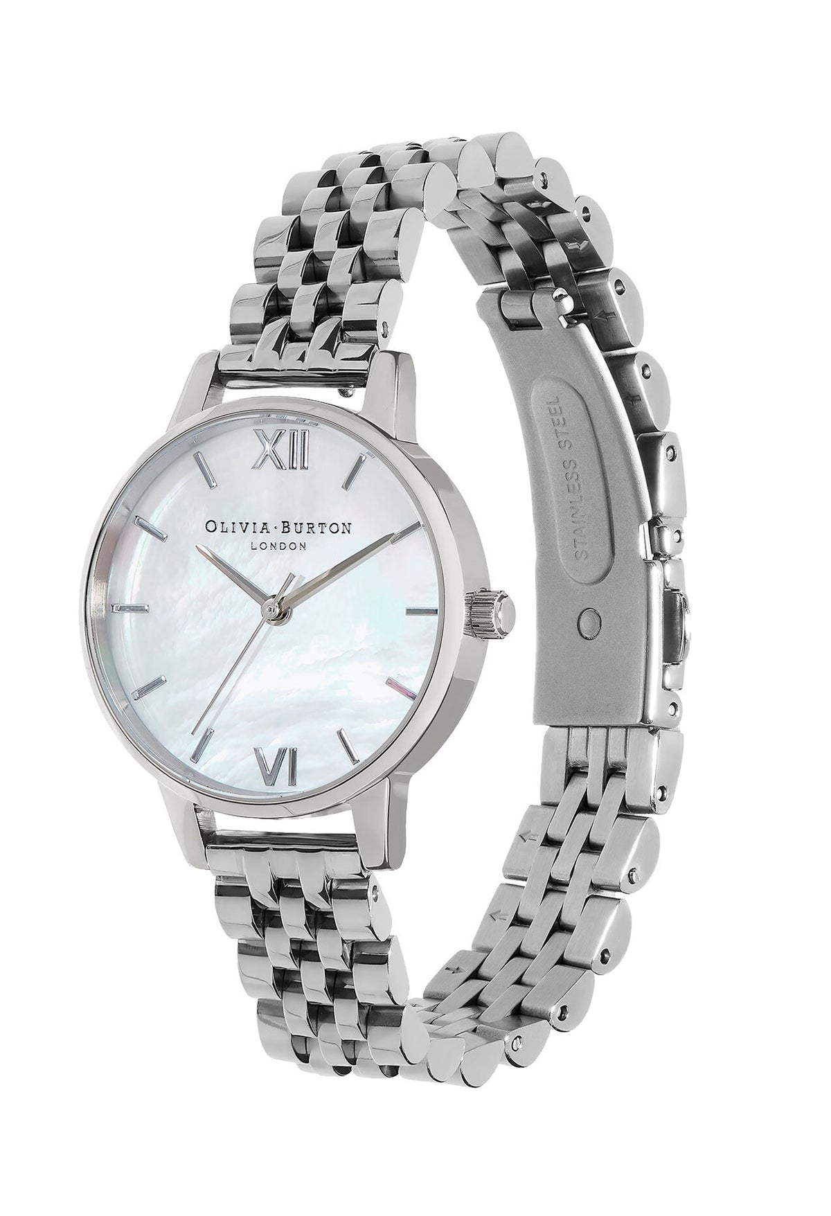 The Olivia Burton Ladies Midi Mother of Pearl Bracelet Watch Stainless Steel, a silver bracelet watch from Olivia Burton, at OD’s Jewellers in St Helens.