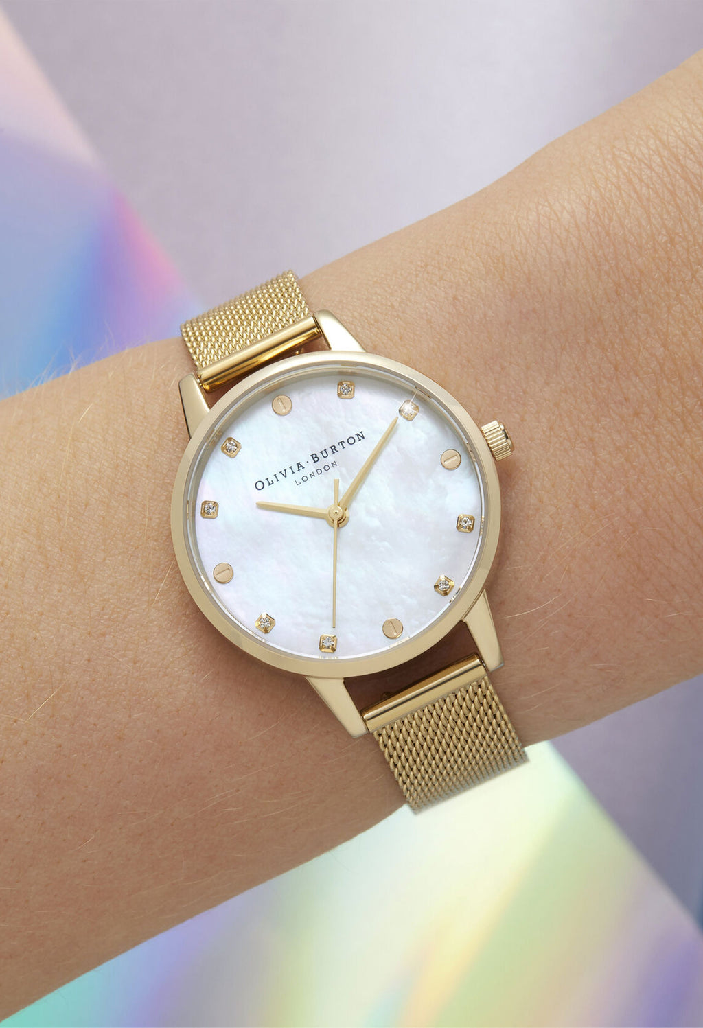 The Olivia Burton Ladies Classics White & Gold Mesh Watch, a gold mesh watch from Olivia Burton, available at OD’s Jewellers in St Helens