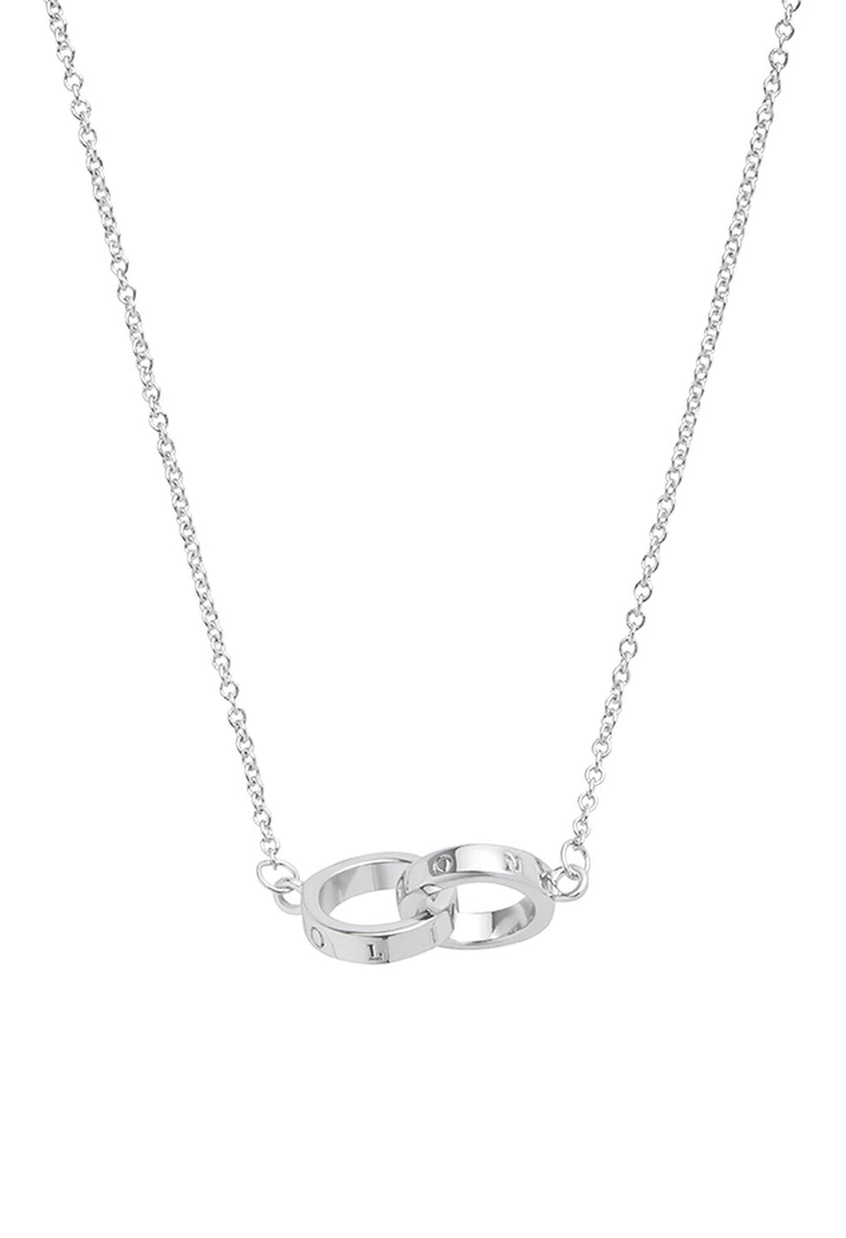 Olivia Burton necklace featuring two interlinked silver rings engraved with "LOVE", showcasing a delicate chain design.