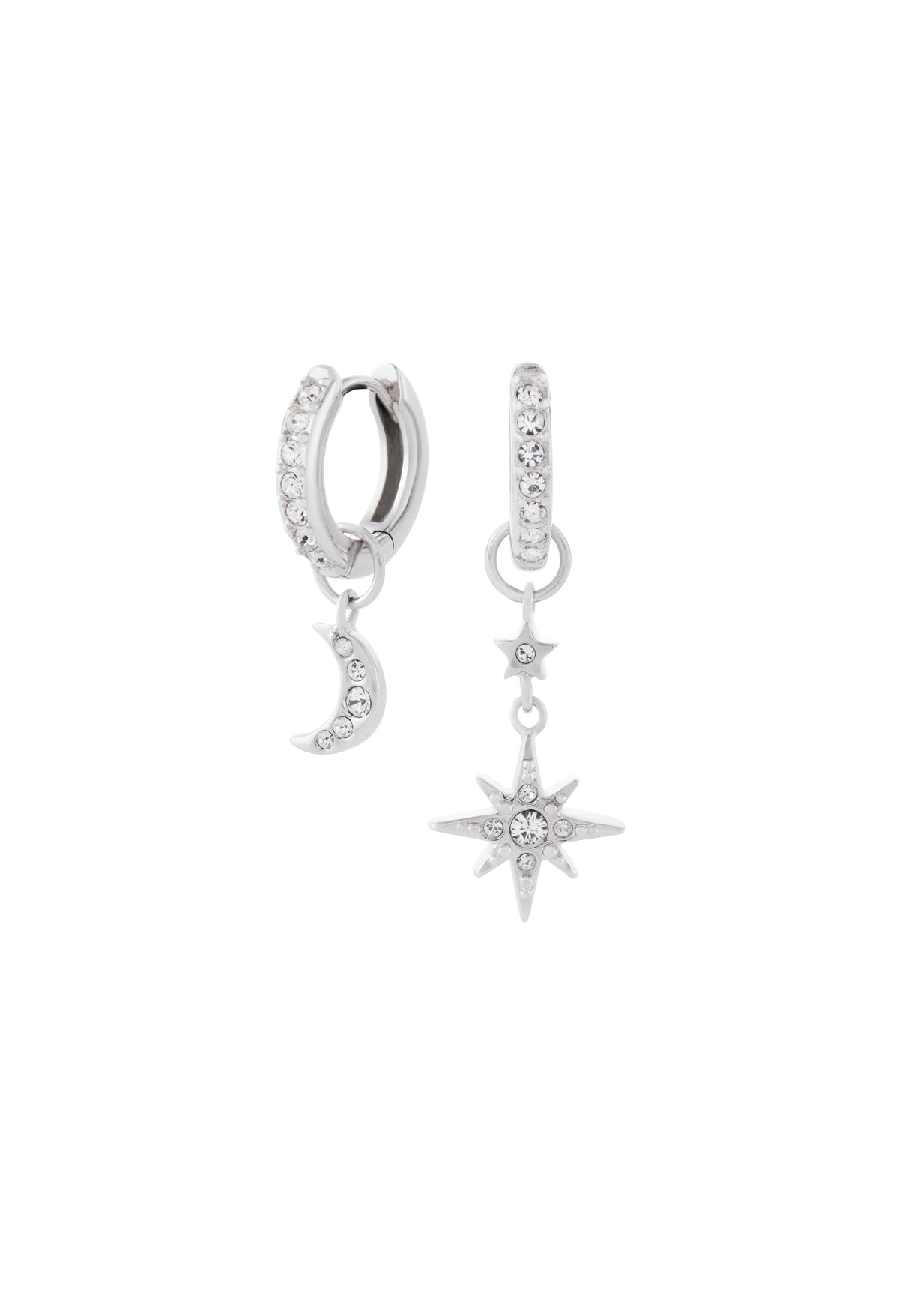 Silver Olivia Burton hoop earrings featuring celestial moon and star charms, studded with crystals.