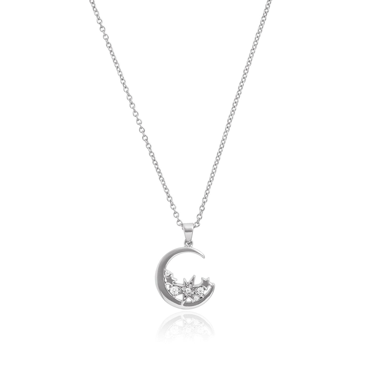 Silver finish Olivia Burton moon necklace with star accents. Celestial pendant for a subtle, elegant look.