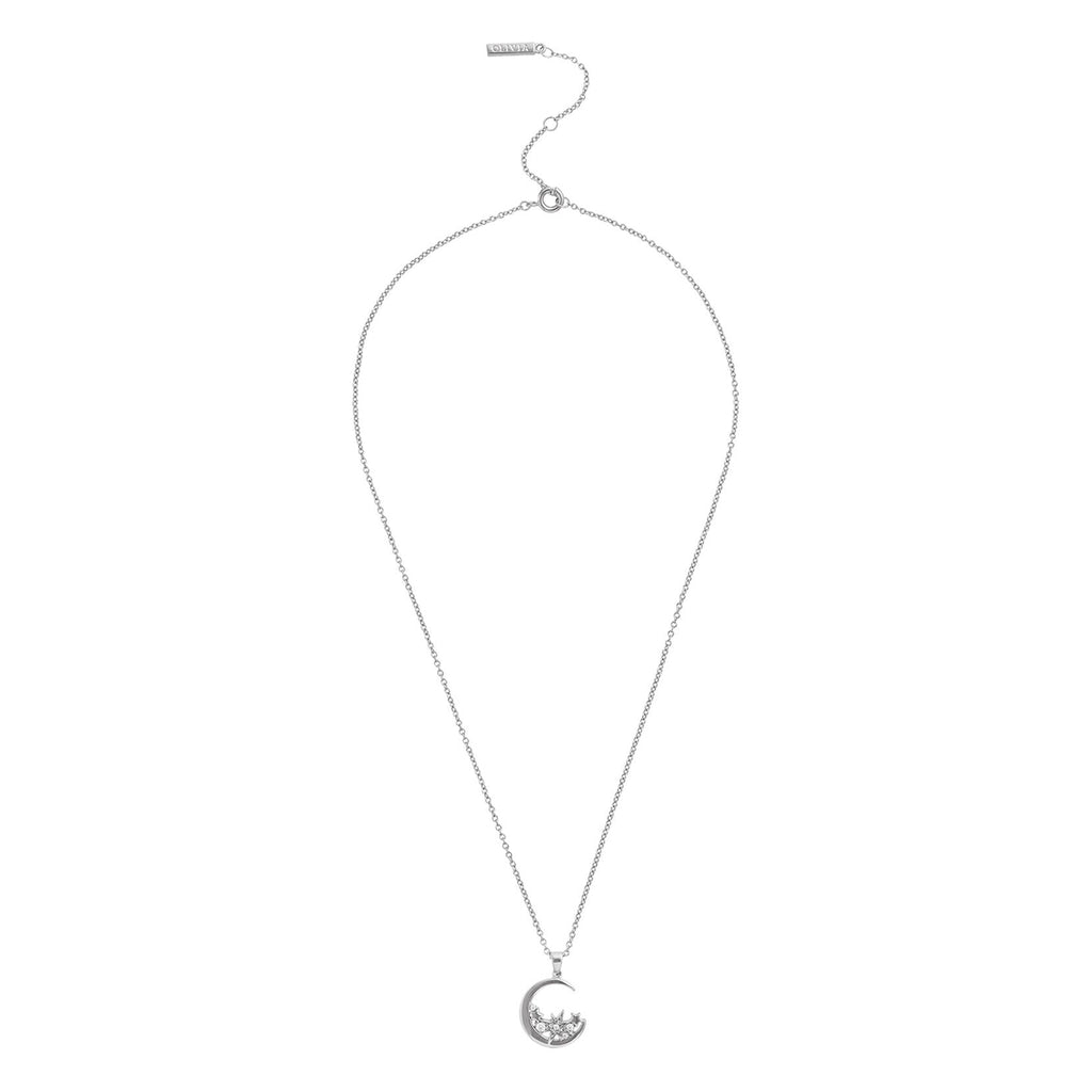 Silver finish moon necklace with celestial sparkle. A stylish pendant necklace that captures the magic of the night sky.