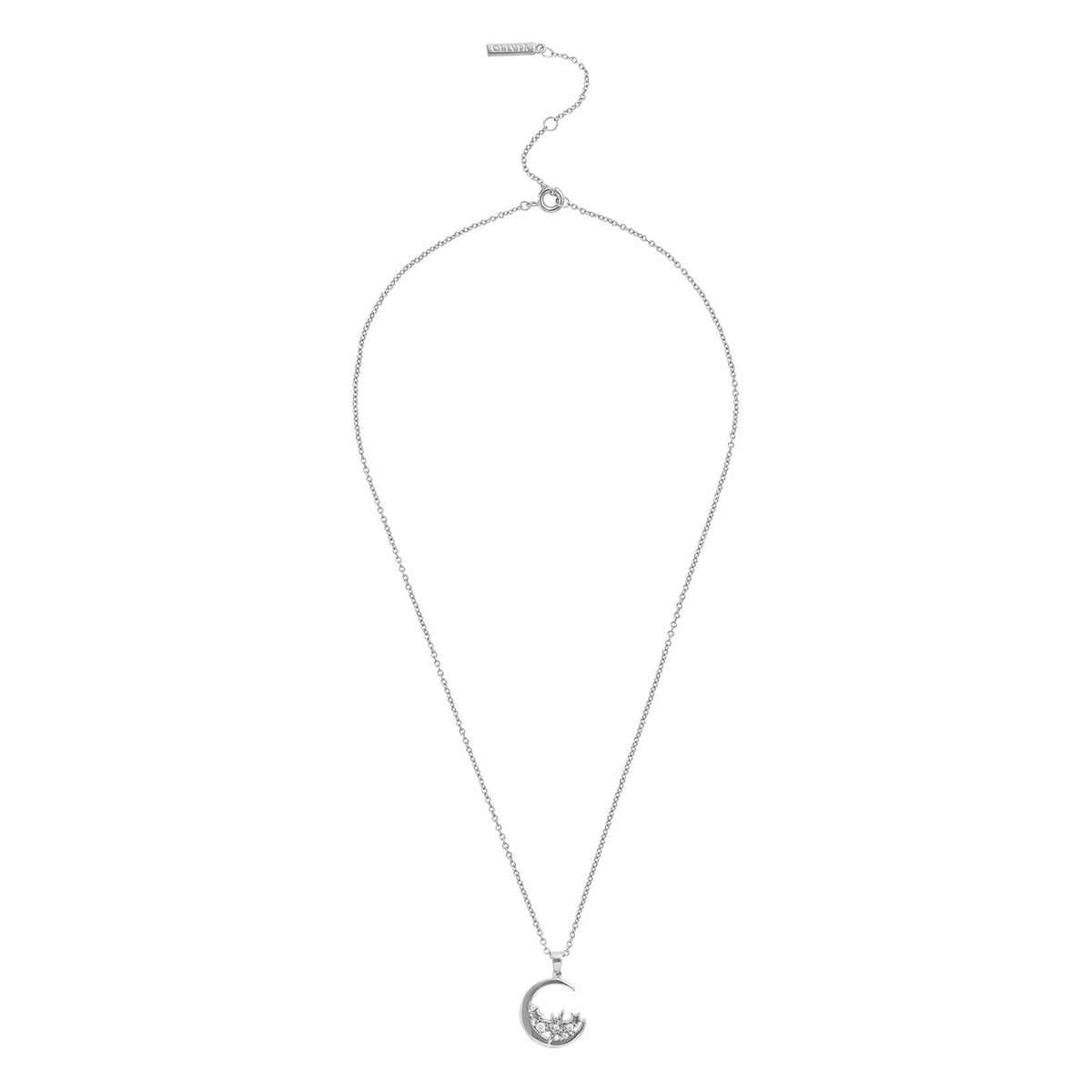 Silver finish moon necklace with celestial sparkle. A stylish pendant necklace that captures the magic of the night sky.