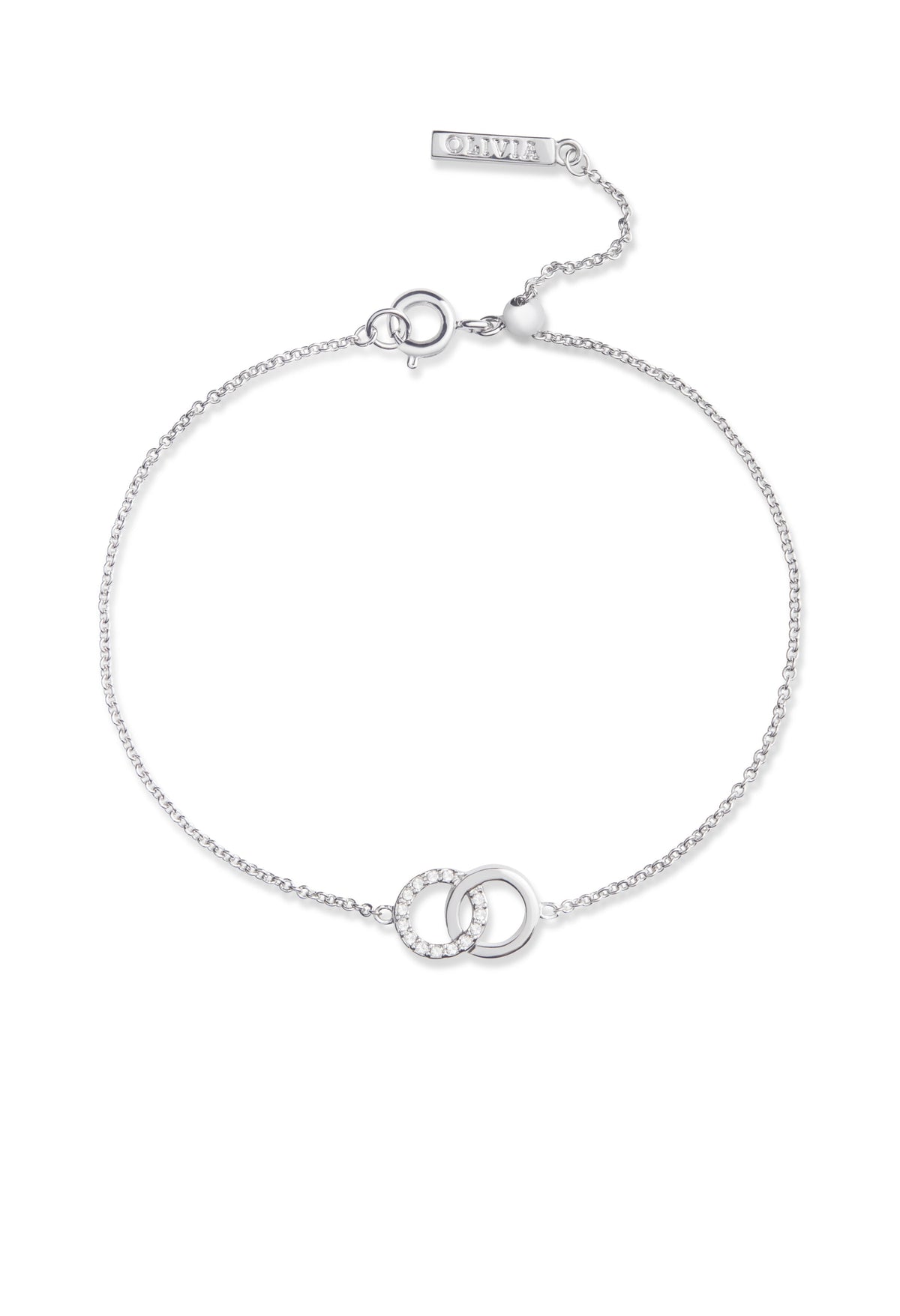 Sterling silver Olivia Burton chain bracelet featuring interlinked circles, one set with cubic zirconia stones.