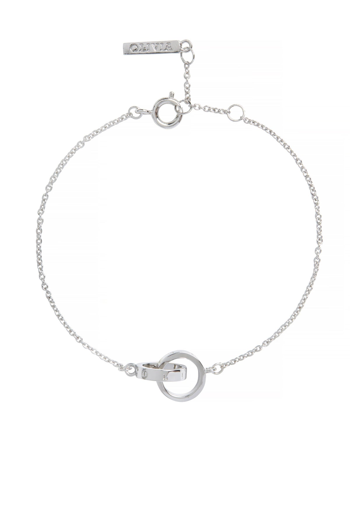 Silver chain bracelet by Olivia Burton, featuring linked circles and adjustable length. Minimalist jewelry.
