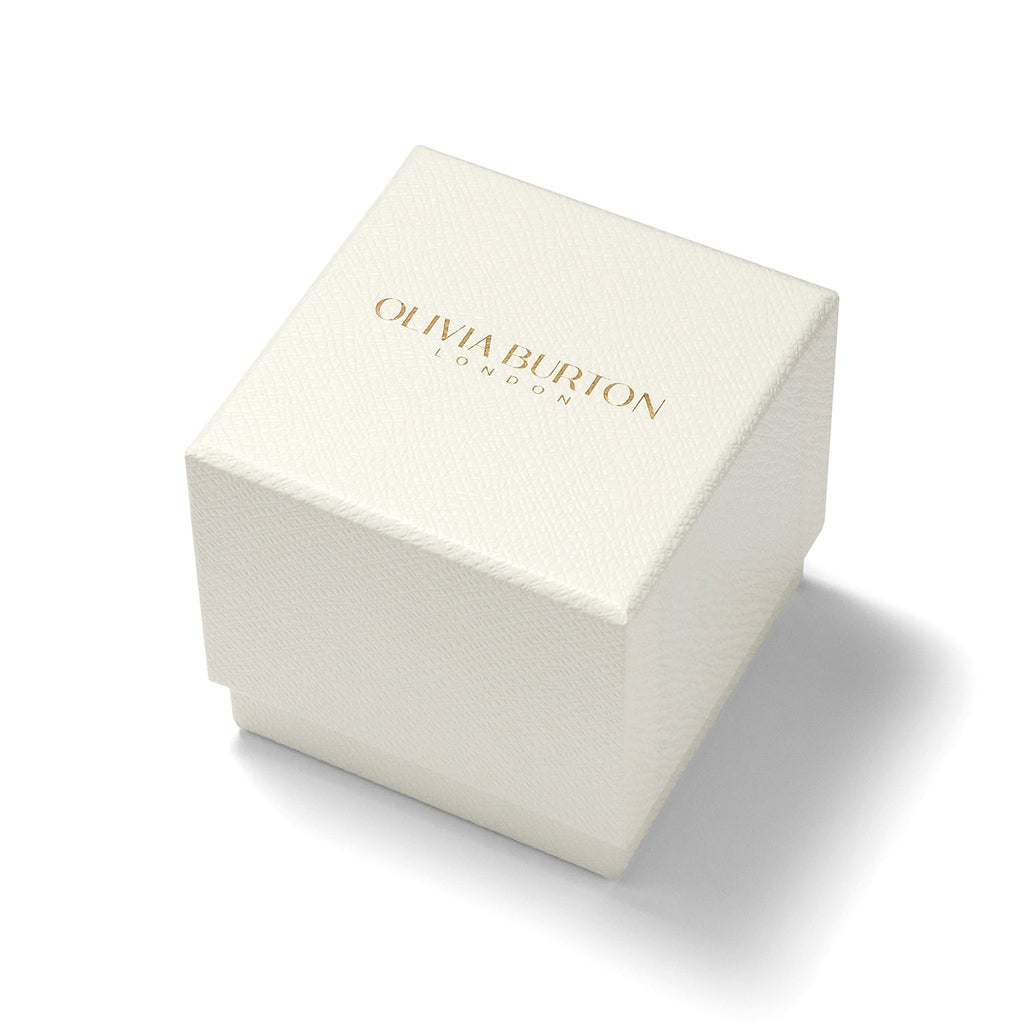 Olivia Burton watch gift box displaying brand logo. Packaging for an elegant ladies' timepiece.