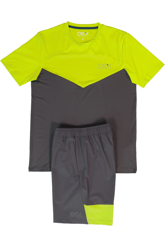 Men's OEX Flynn Acid Lime Charcoal T Shirt & Short Set