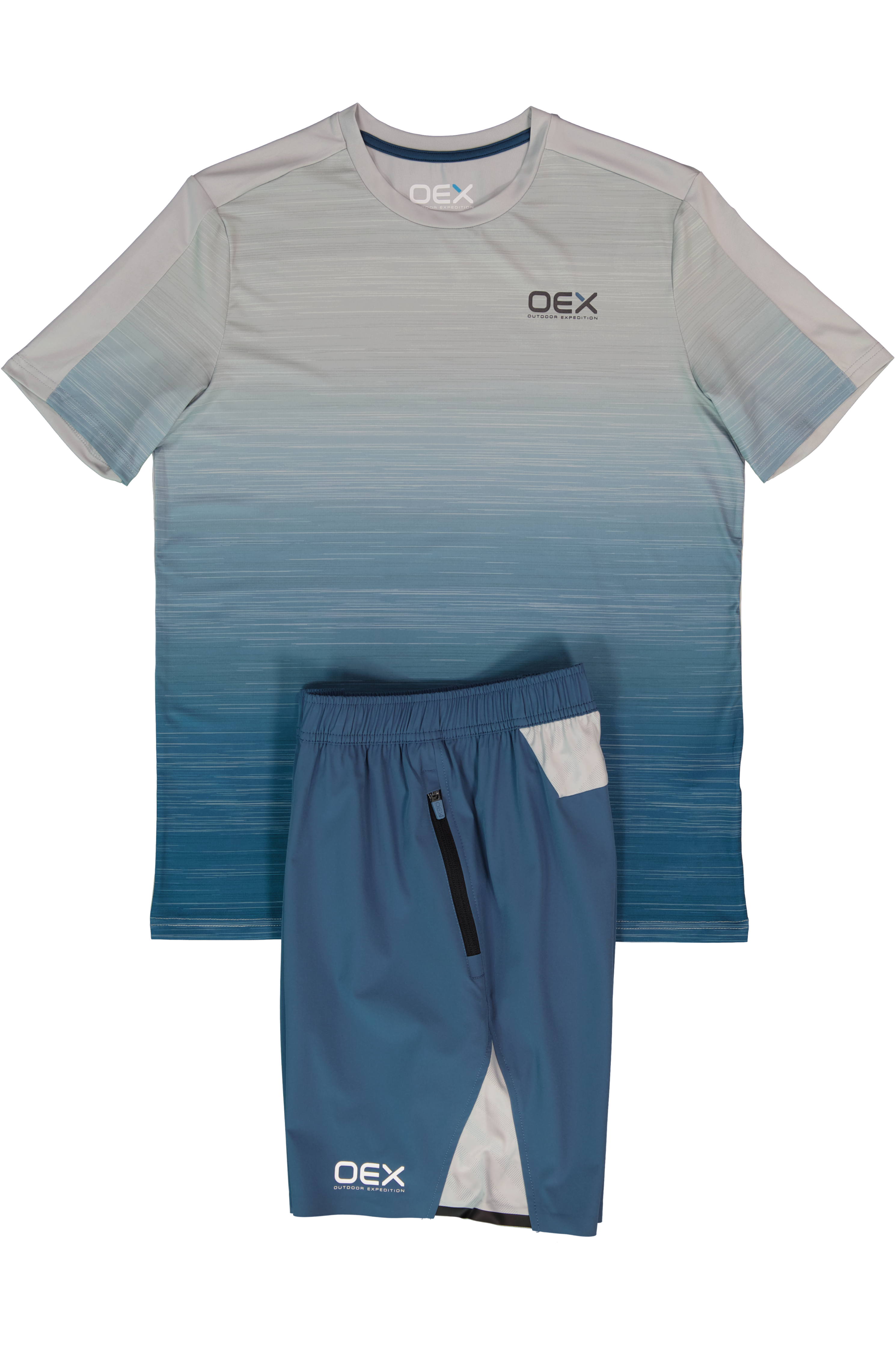 Men's OEX Grey Blue Light Grey Heuco T Shirt & Grey Blue Dyno Short Set