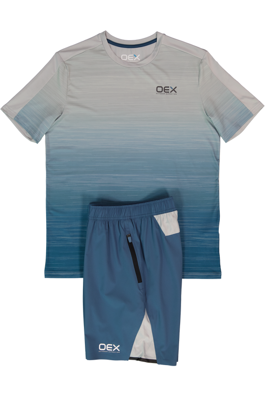 Men's OEX Grey Blue Light Grey Heuco T Shirt & Grey Blue Dyno Short Set