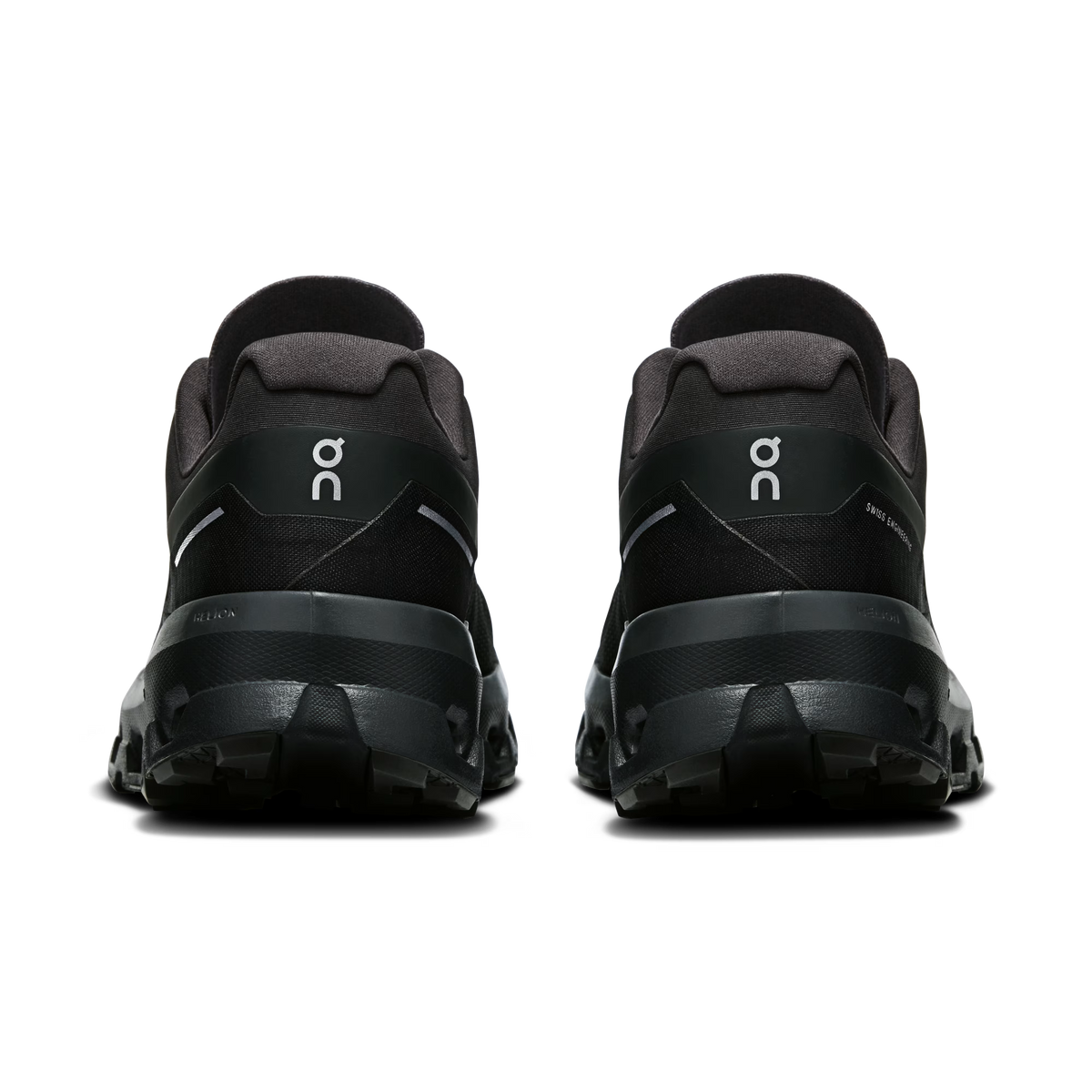 Black athletic shoes with a brand logo on a transparent background