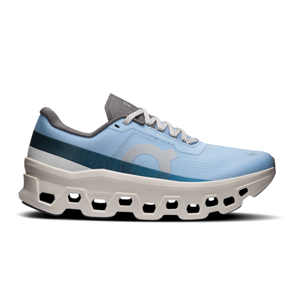 Blue running shoe with white sole on a white background