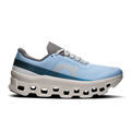 Blue running shoe with white sole on a white background