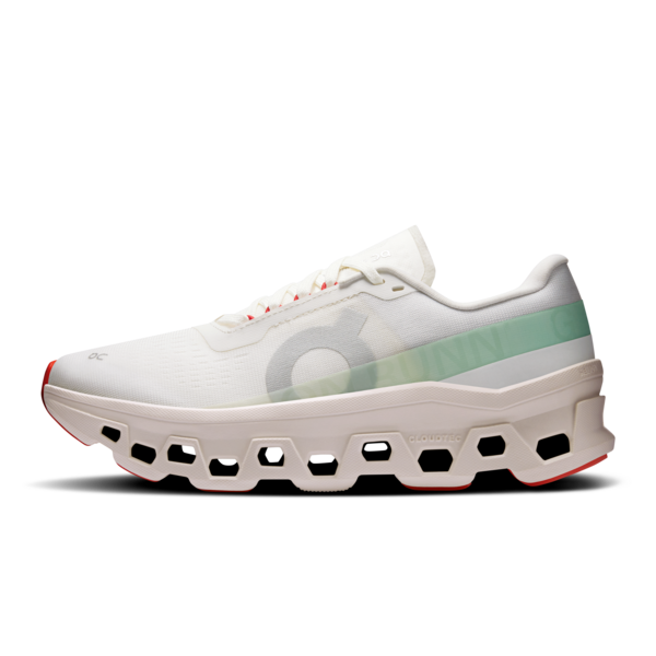 White running shoe with a unique sole design on a white background