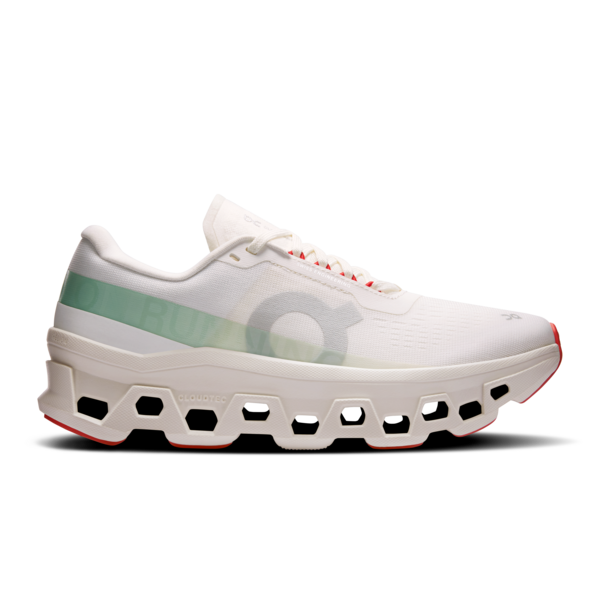 White running shoe with unique sole design on a white background