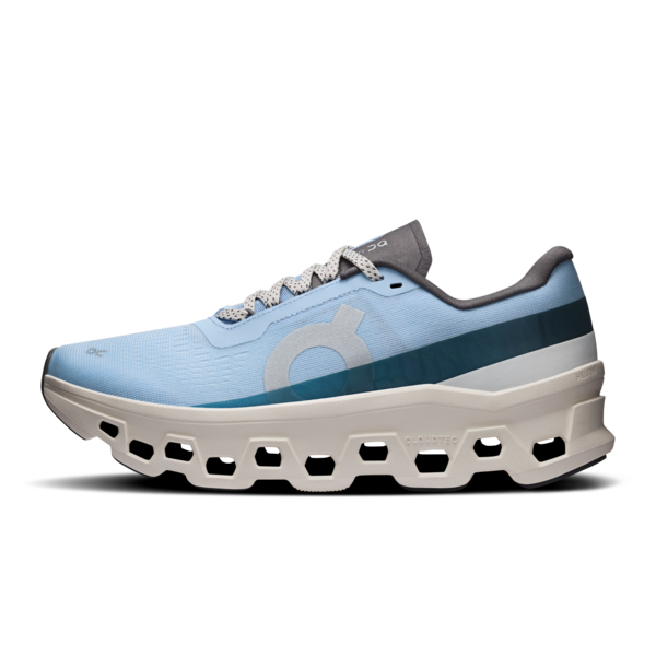 Blue running shoe with white sole on a white background