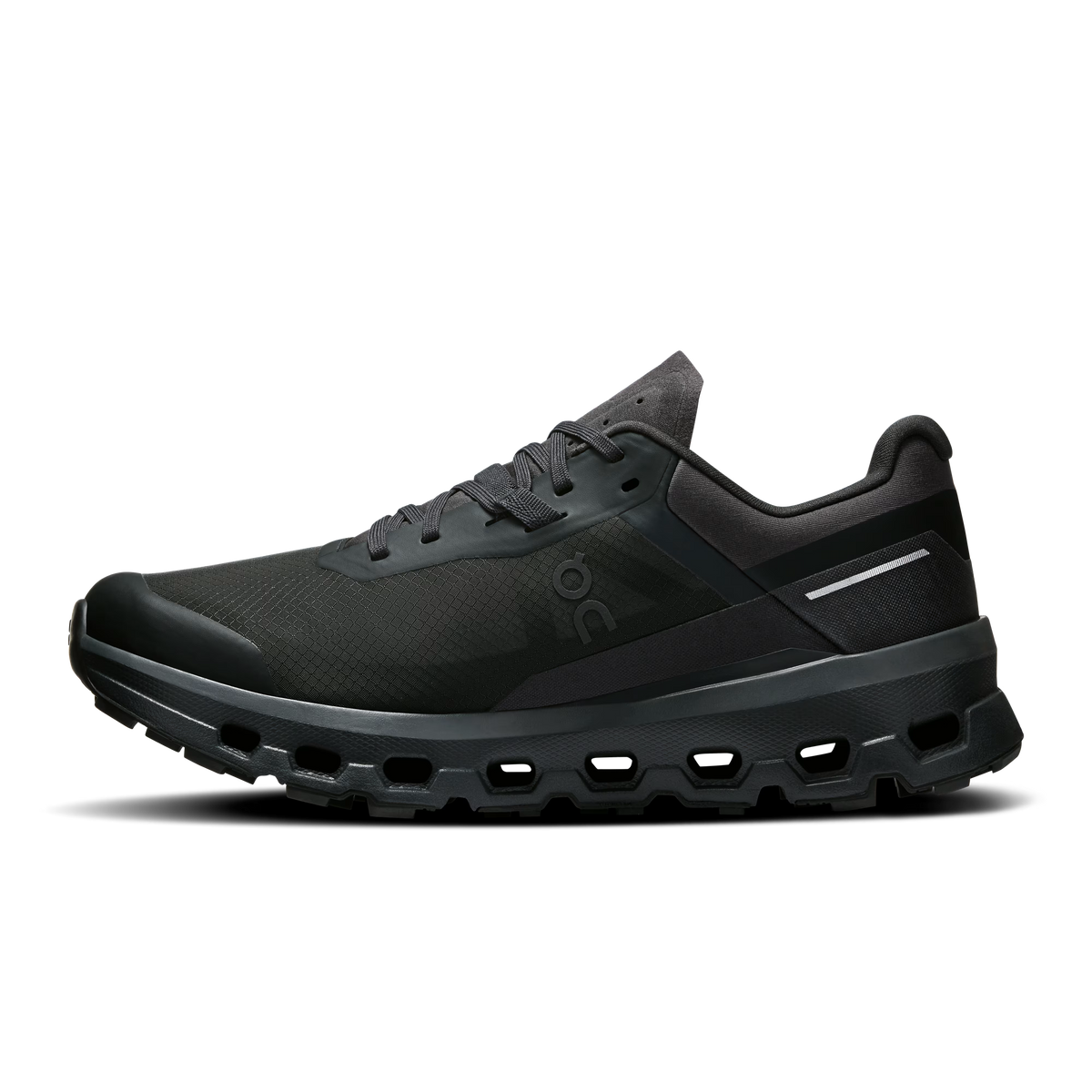 Black running shoe on a white background
