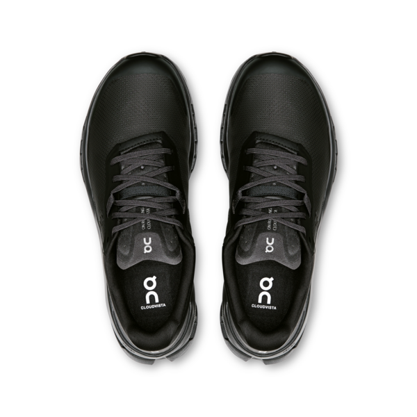 Black running shoes with 'On' branding on a white background