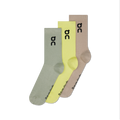 Three socks in gray, yellow, and beige with a brand logo on a white background