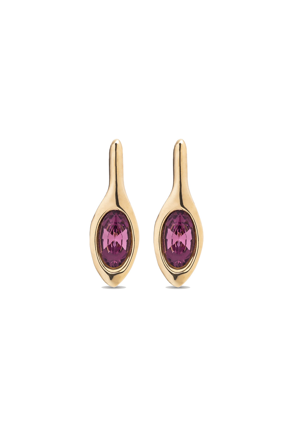 Gold plated UNOde50 Blossom earrings with amethyst-colored crystal. Fashion jewelry, stylish accessory.