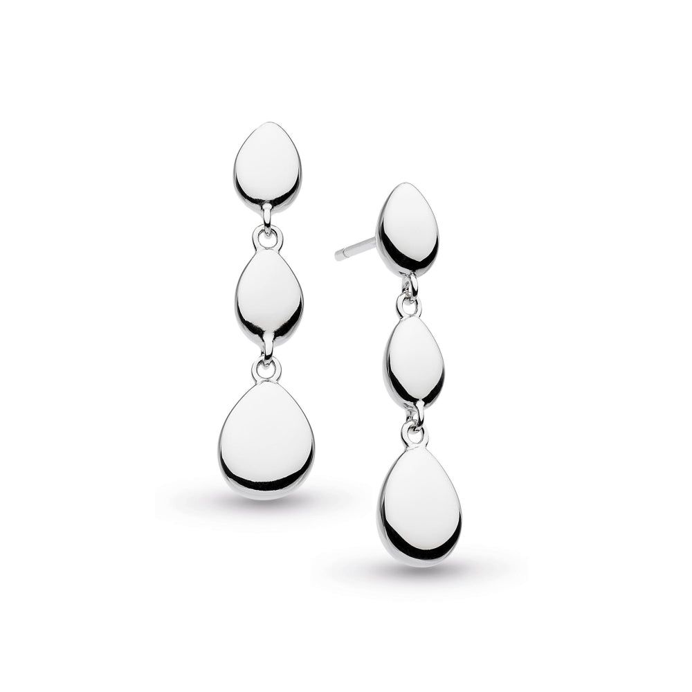 Silver dangle earrings with teardrop pendants.