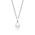 A silver chain necklace with a teardrop-shaped pearl pendant.
