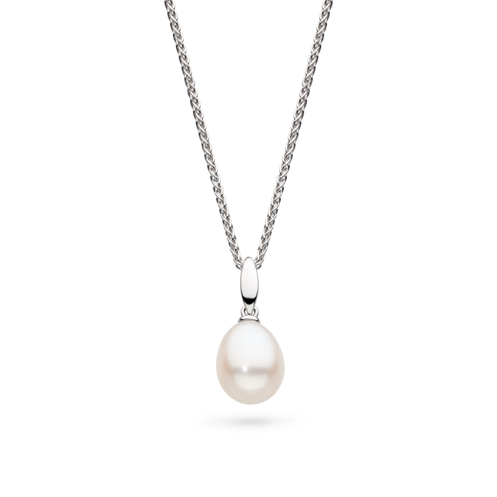 A silver chain necklace with a teardrop-shaped pearl pendant.

