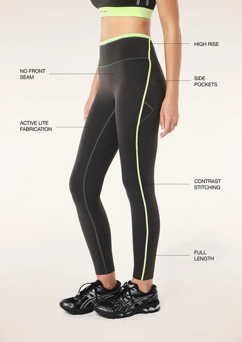 grey leggings with green accents on a white background, featuring text labels.