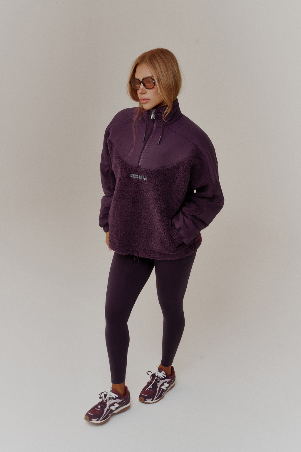Women's Red Run Dark Cherry Active Oversized Shearling Jacket & Sculptured Legging Set