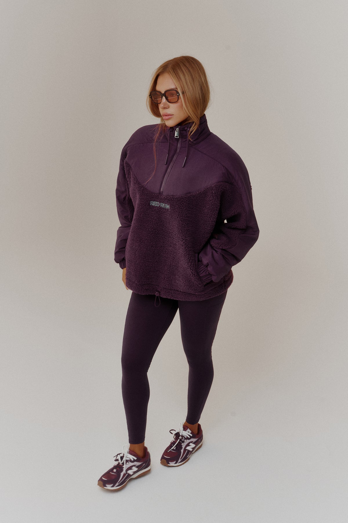 Women's Red Run Dark Cherry Active Oversized Shearling Jacket & Sculptured Legging Set