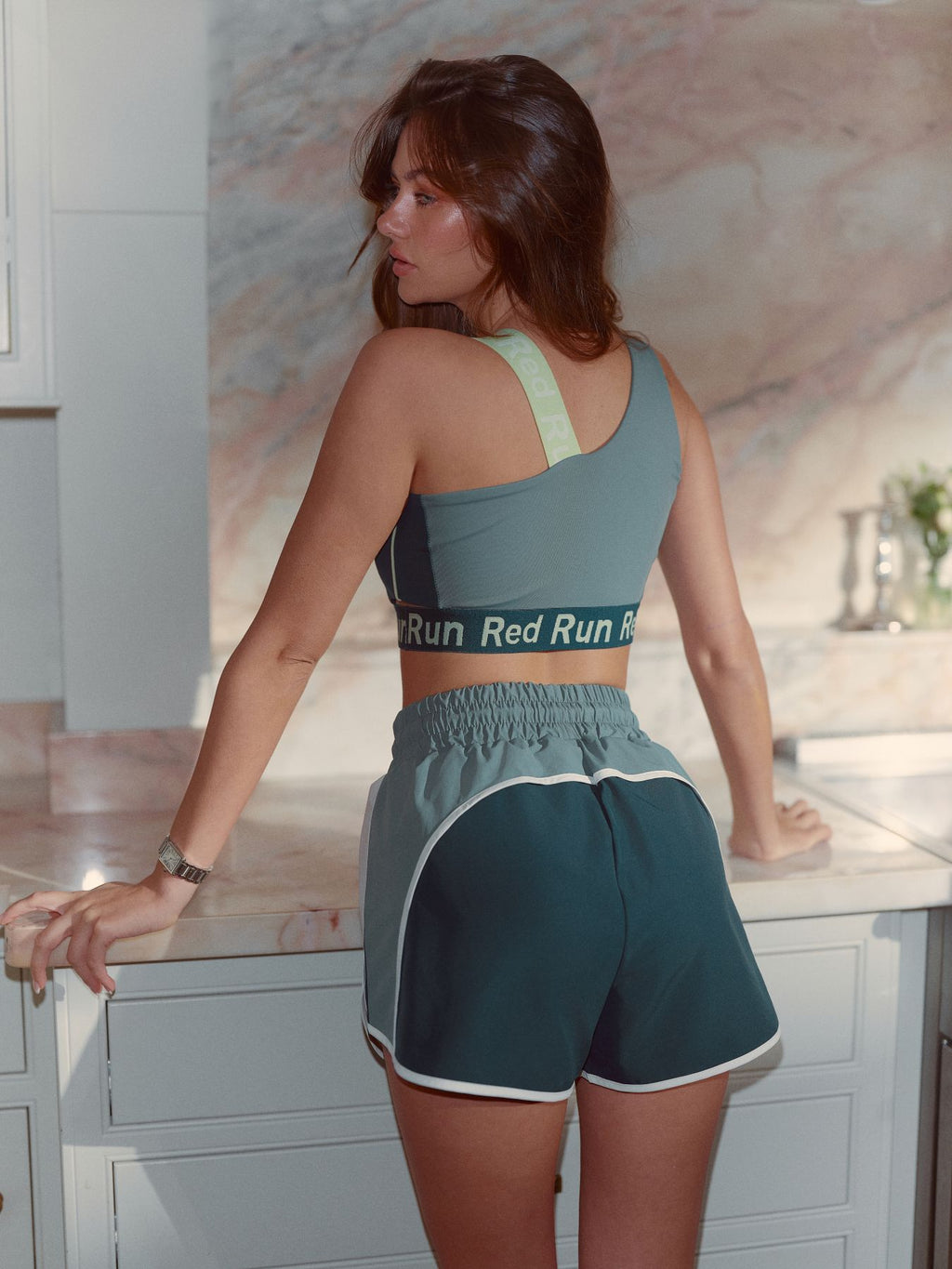 Womens Red Run  Skyline Colour Block Bra in Green — view 6