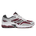 A Saucony Progrid omni 9 running shoe in white, burgundy, and gray, shown from a side profile view against a plain white background.
