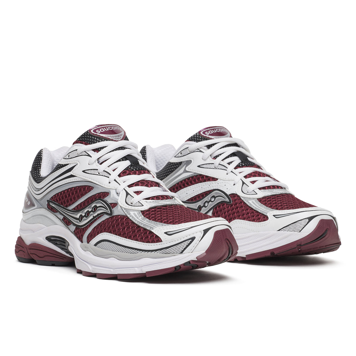 A pair of Saucony athletic sneakers in white, burgundy, and gray, shown from a three-quarters angle on a white background.