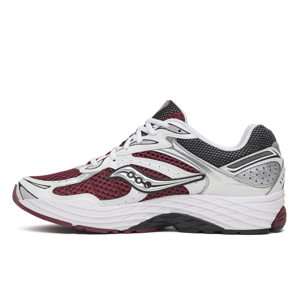 A Saucony athletic sneaker shown from the side profile against a solid white background. The shoe features a white and silver mesh upper with burgundy mesh panels, white laces, and a thick white midsole with a burgundy and black outsole.