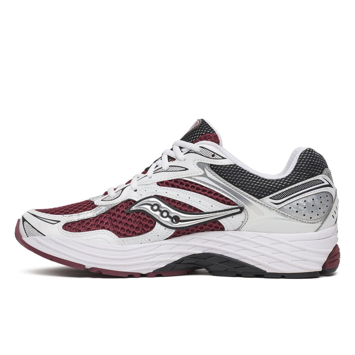 A Saucony athletic sneaker shown from the side profile against a solid white background. The shoe features a white and silver mesh upper with burgundy mesh panels, white laces, and a thick white midsole with a burgundy and black outsole.