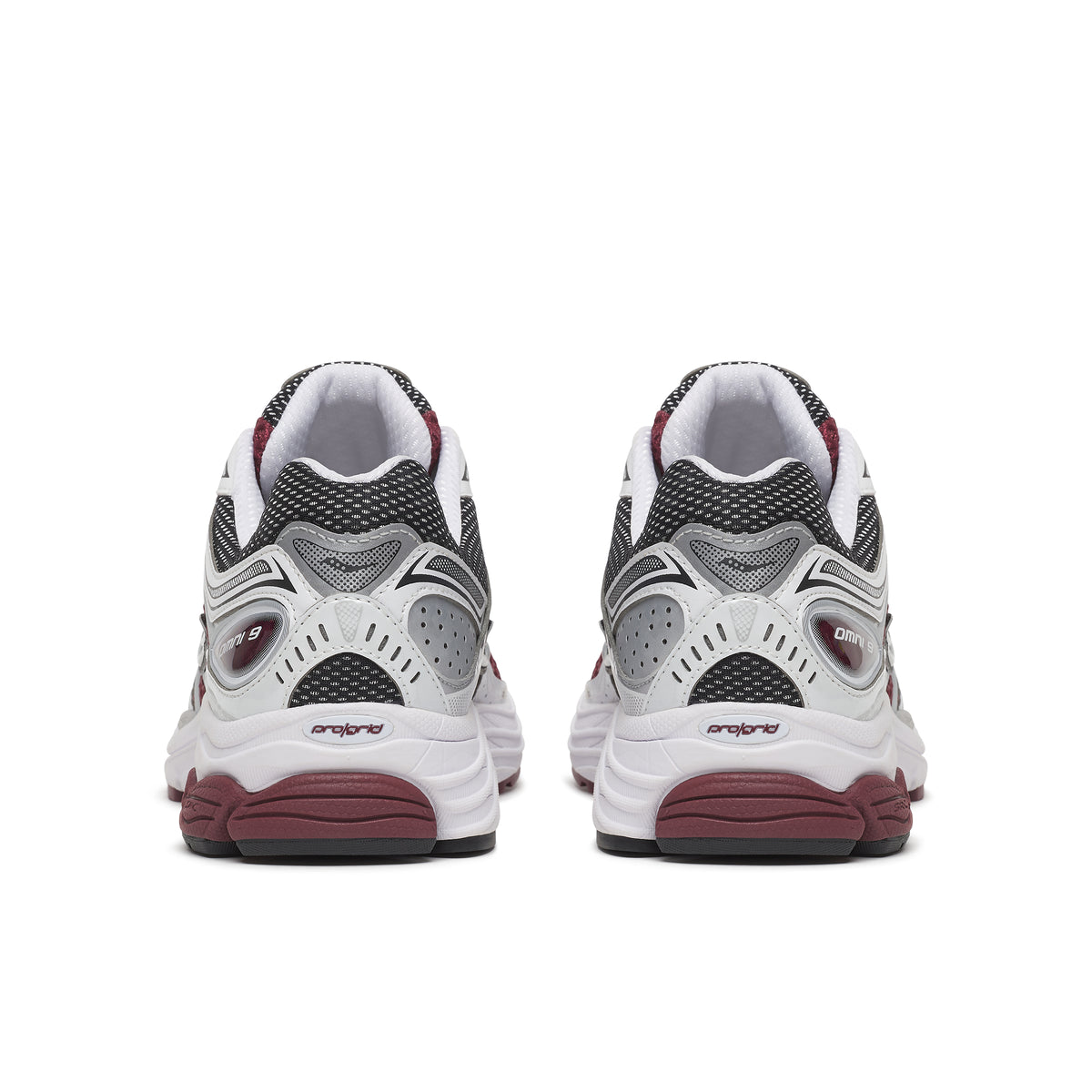 A pair of Saucony Omni 9  running shoes shown from the back, featuring a white and gray mesh upper with dark burgundy accents on the midsole and outsole.