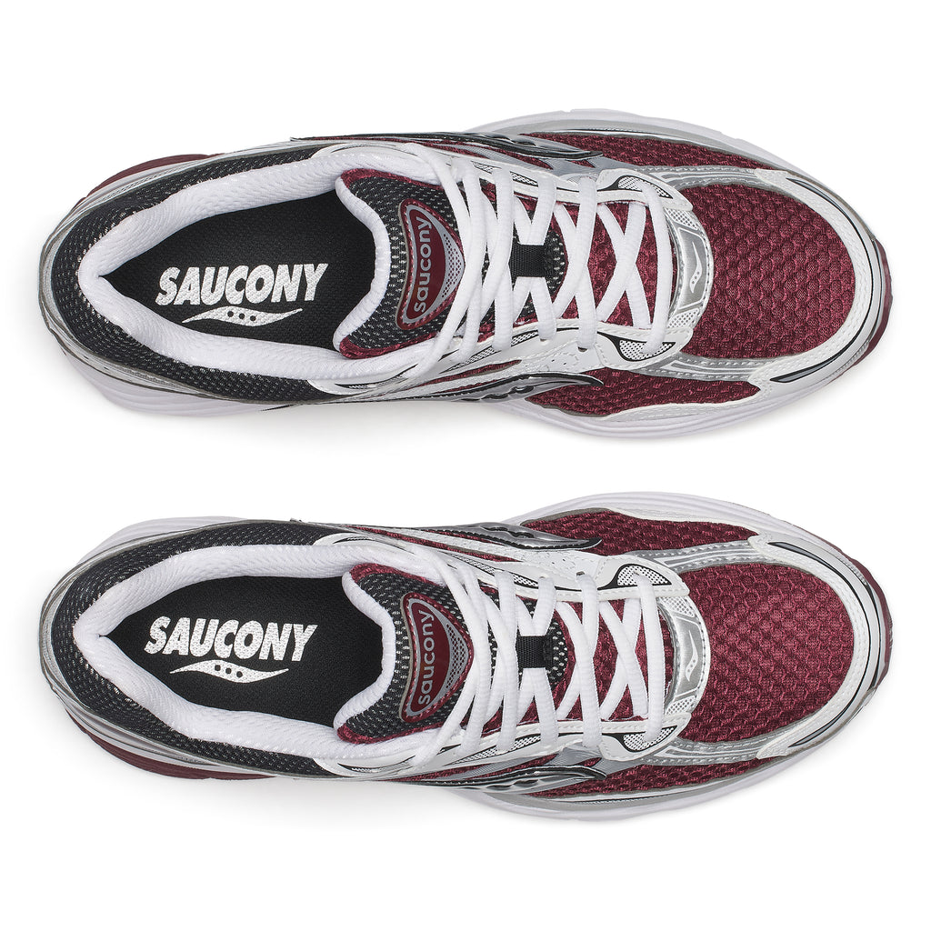 A pair of Saucony athletic sneakers shown from a top-down view, featuring a burgundy mesh upper, white laces, black and white collar details, and silver overlays on a white background.