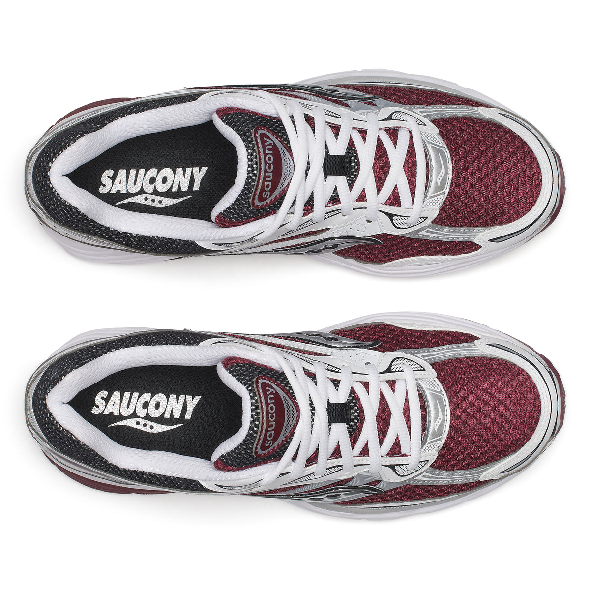 A pair of Saucony athletic sneakers shown from a top-down view, featuring a burgundy mesh upper, white laces, black and white collar details, and silver overlays on a white background.