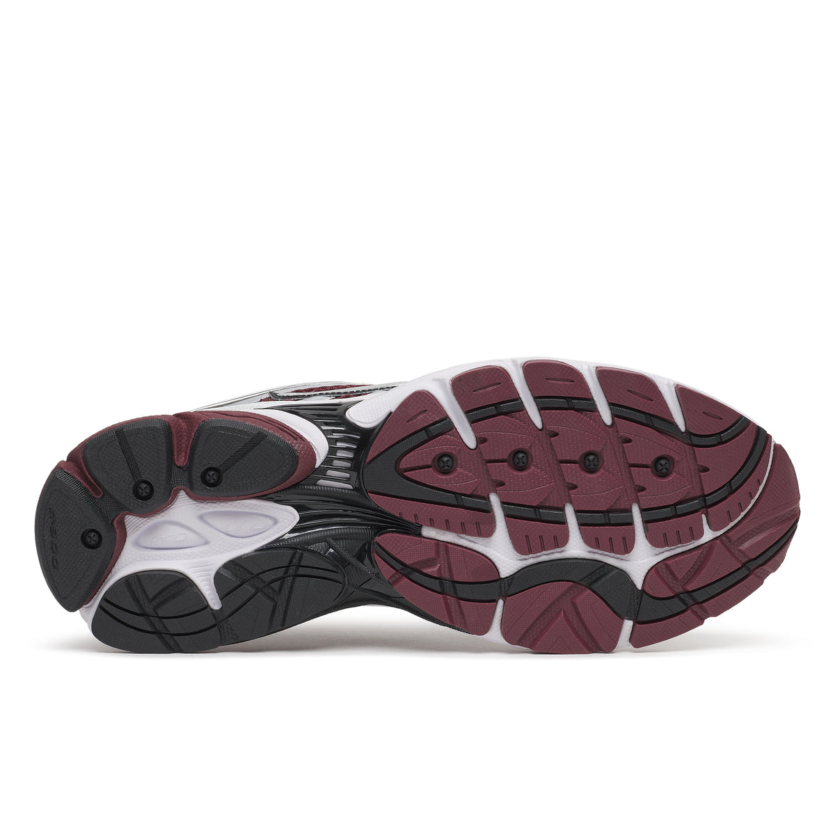 The outsole of a running shoe shown from a bottom-up view, featuring a color-blocked design in burgundy, black, and white on a plain white background.
