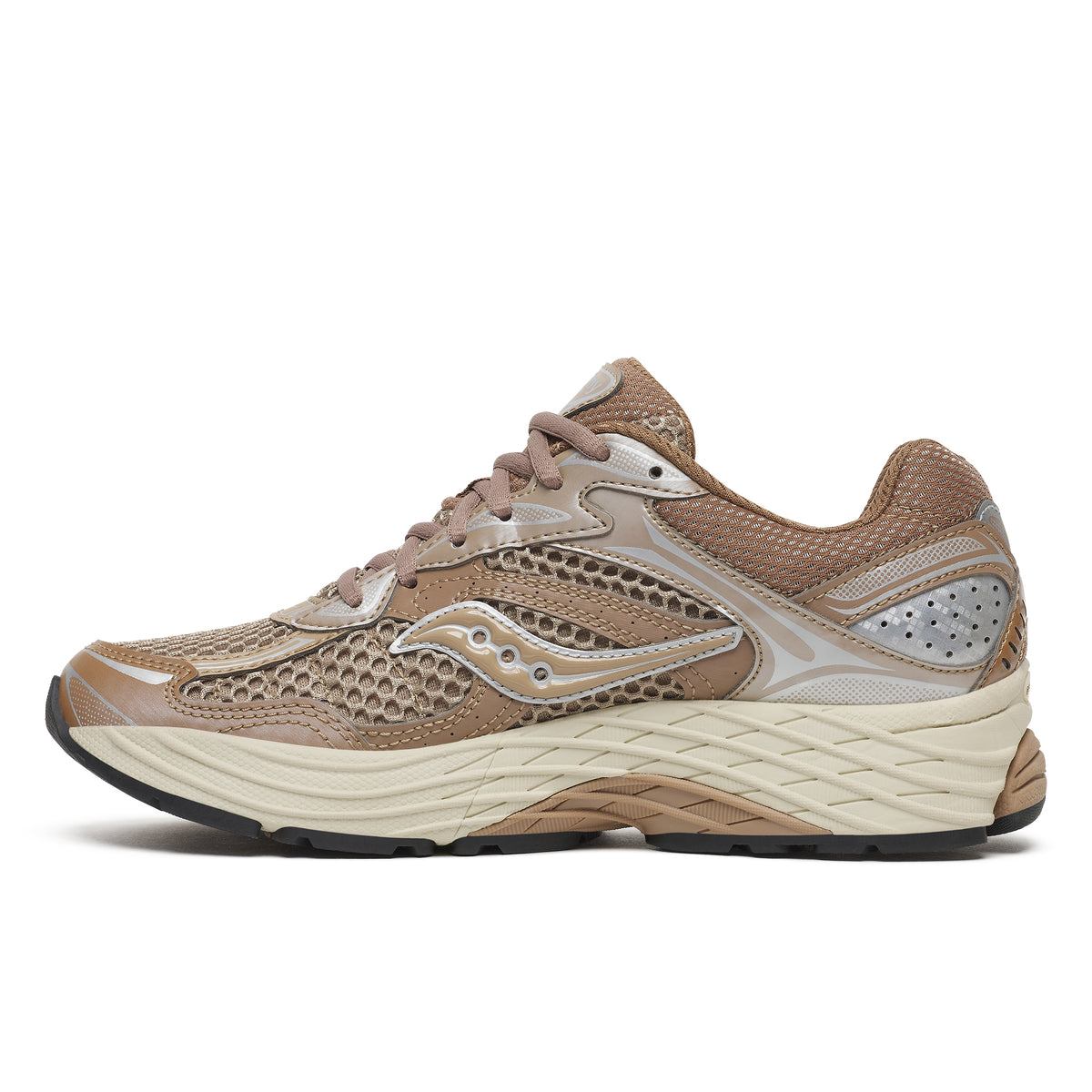 A Saucony athletic sneaker in a warm taupe and beige colorway, featuring mesh and synthetic overlays, a thick cream-colored midsole, and a black outsole, shown from a side profile view on a white background.