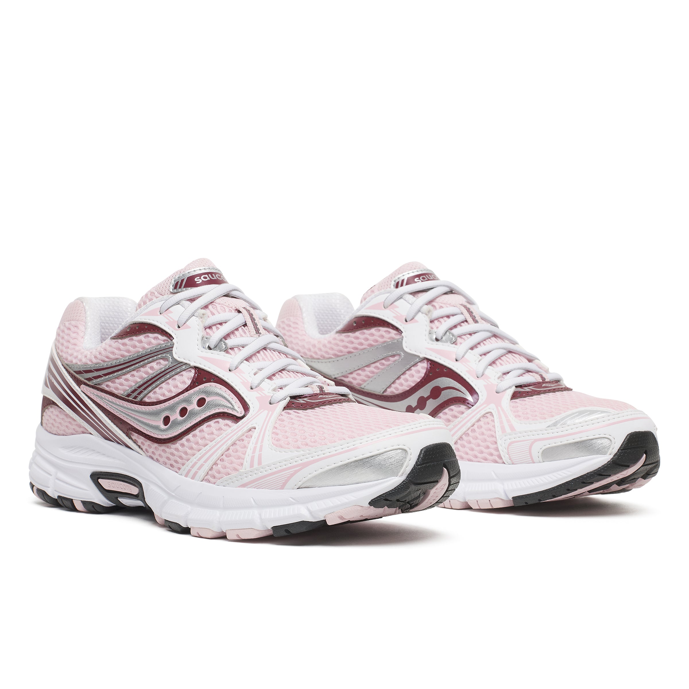 A pair of Saucony Grid legacy athletic sneakers in light pink, white, and burgundy, shown from a three-quarters angle on a white background.